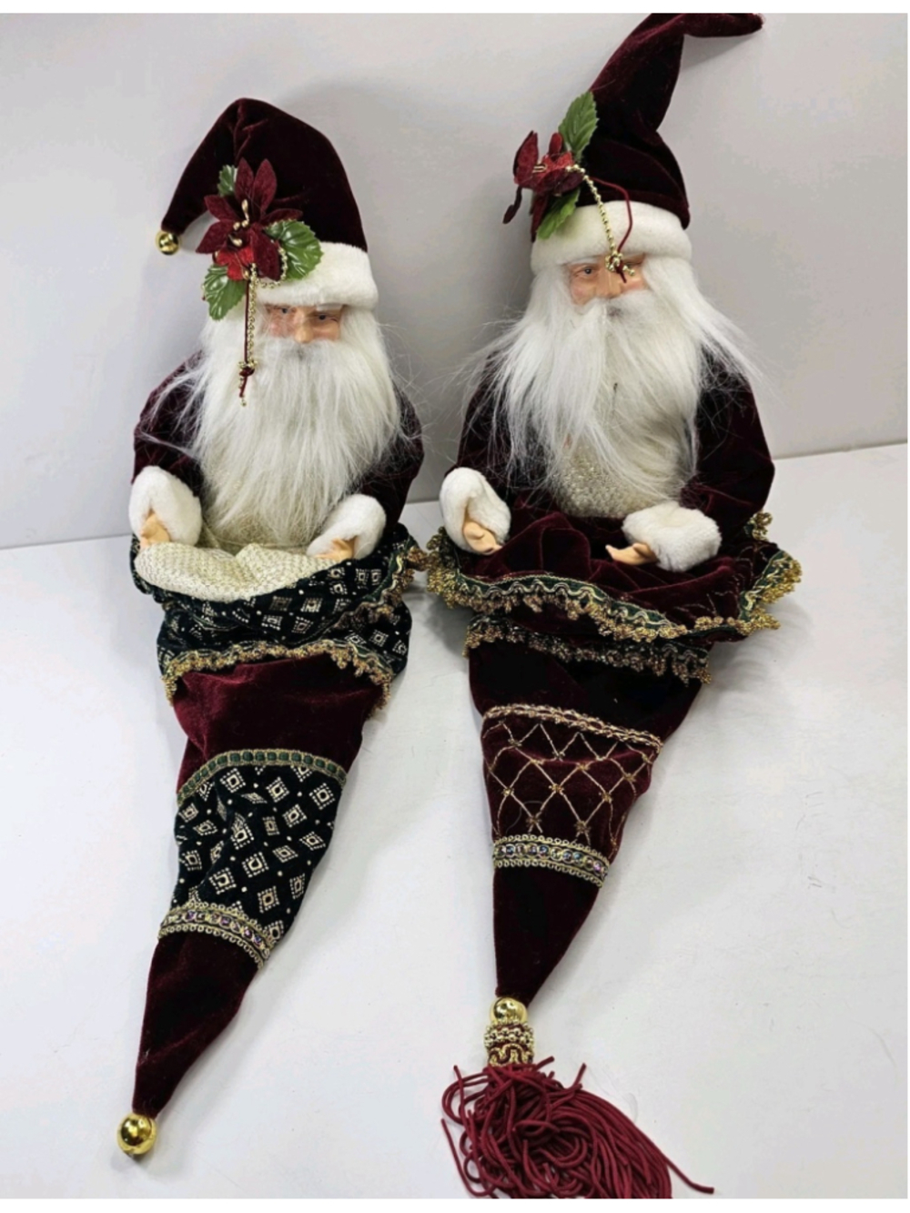 Set of 2 Santa Claus Christmas Stockings Burgundy Velvet Gold Trim 26"